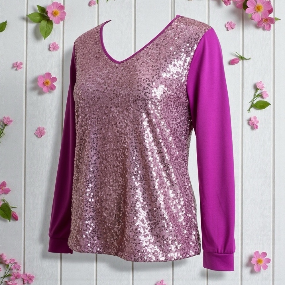 New Womens Pink Sparkling Sequin Top Blouse Large - Picture 2 of 4